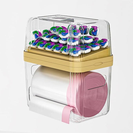 2-in-1 Trash Bag Dispenser & Laundry/Dishwasher Pods Container, Clear Acrylic Garbage Bag Organizer with Removable Lids, Under Sink Kitchen Storage Box for Pantry Organization