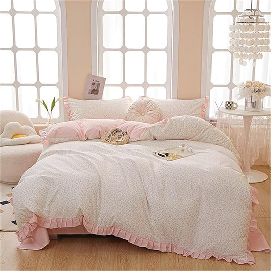 MKXI Full Size Small Floral Ruffle Comforter Set - 3 Piece Countryside Floral Comforter with Pillow Shams, Reversible White Pink Princess Bedroom Collection, Soft Aesthetic Bedding Set for Teen Girls