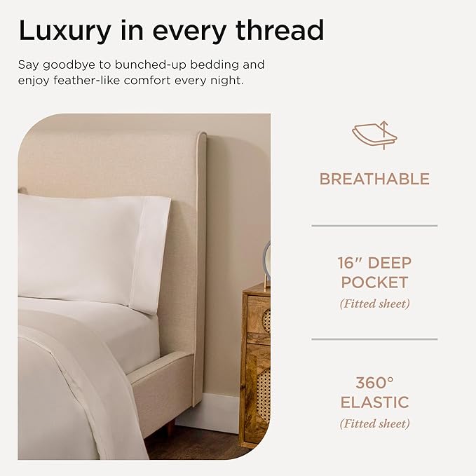 Threadmill 100% Cotton Sheets for Twin XL Size Bed - 600 Thread Count Twin XL Bed Sheets Set with 15” Deep Pocket - Sateen Weave 3-Piece Bedding Set with Cooling Effect, White