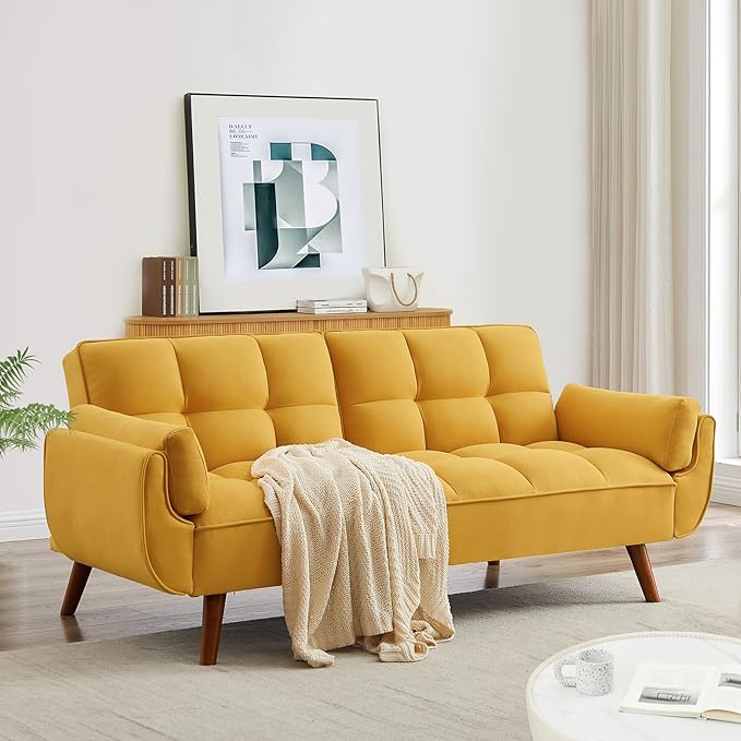 Convertible Futon Sofa Bed, Linen Sleeper Couch, 75" W Modern 3 Seater Tufted Sofa with Adjustable Backrests and Solid Wood Legs for Small Spaces, Living Room, Bedroom, Golden Yellow