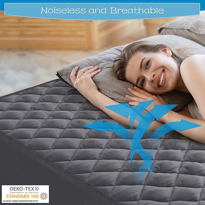 GRT Twin XL Size Grey Quilted Fitted Mattress Pad, 100% Waterproof Breathable Mattress Protector, Noiseless Hollow Cotton Mattress Topper, Fitted 8"-19" Deep, Dust Proof