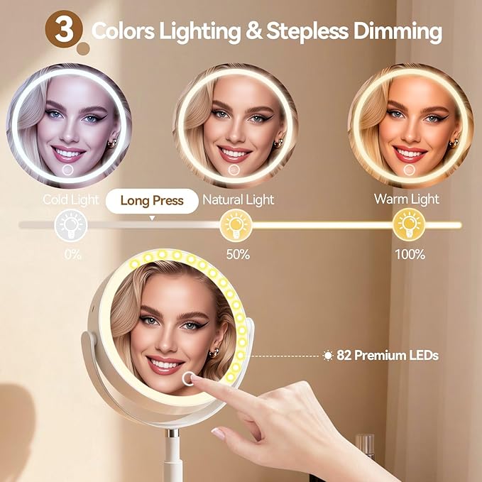 Shinowa Makeup Mirror with Lights, 1X/20X Lighted Magnifying Mirror with Storage for Makeup & Jewelry, 2-Sided Height Adjustable Vanity Mirror with 3 Color Lights, 360° Rotation & Rechargeable, White