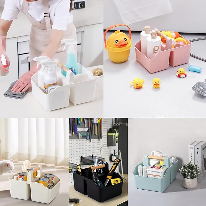 rejomiik Portable Shower Caddy Basket with Bamboo Handle, Plastic Cleaning Caddy Bathroom Organizer Tote for College Dorm Essentials, Bath Toy Storage, Pink