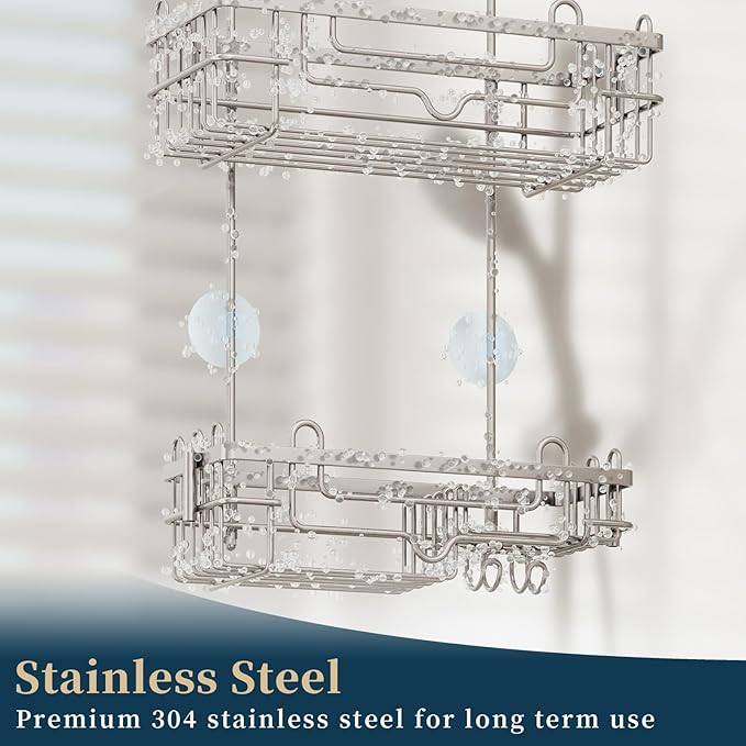 Consumest Over the Door Shower Caddy - 2-Tier Hanging Shower Organizer with Soap Holder, Rustproof Bathroom Storage and Organizer Rack for Shampoo, Towels, and Toiletries, Sand Nickel