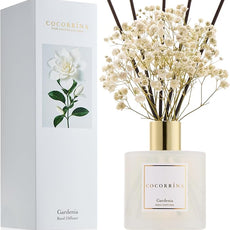 COCORRÍNA Reed Diffuser - Gardenia 6.7 Fl.oz Reed Diffuser Set with Sticks & Preserved Baby's Breath, Reed Diffuser for Home Bathroom Shelf Decor