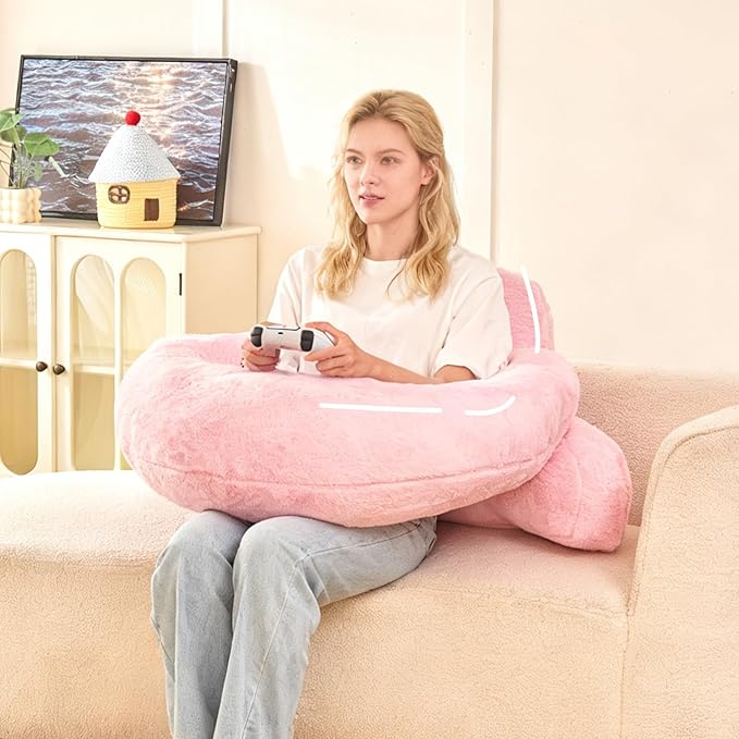 Reading Pillow for Bed,U Shaped & Back Support Pillow for Bed,17" Backrest with Lumbar & Arm Support,Luxurious Faux Rabbit Fur,Gaming PillowFor Crochet/Reading/Watching TV,Pink