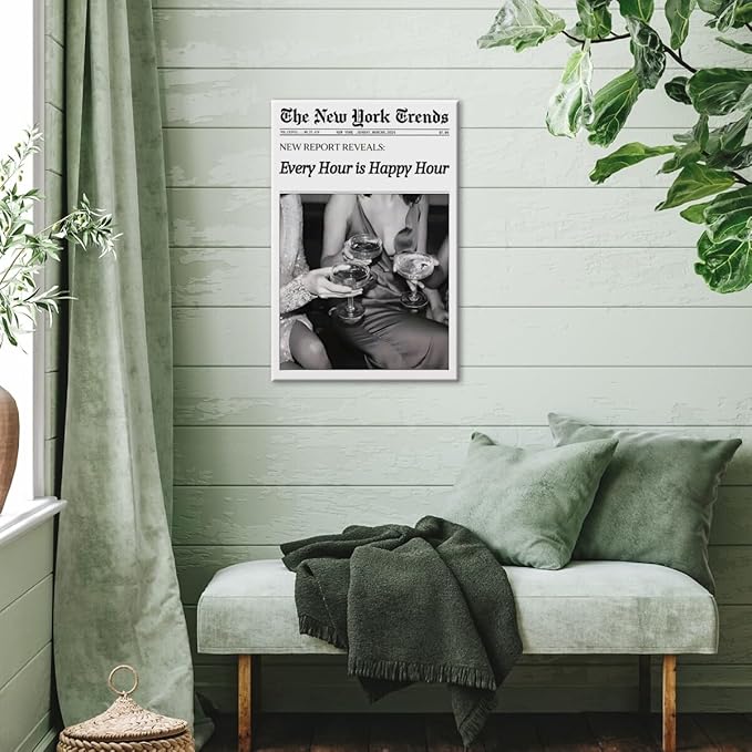 Retro New York Trends Wall Art Black and White Newspaper Poster Every Hour Is Happy Hour Canvas Prints Funky Feminist Posters Trendy Alcohol Wall Decor for Bar Cart Hot Girl Dorm Room Decorative 12x16inch Framed