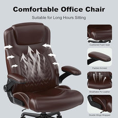 Ergonomic Executive Office Chair for Big & Tall - 500lbs Capacity with Lumbar Support & Flip-Up Armrests, Heavy Duty PU Leather Computer Desk Chair, Brown