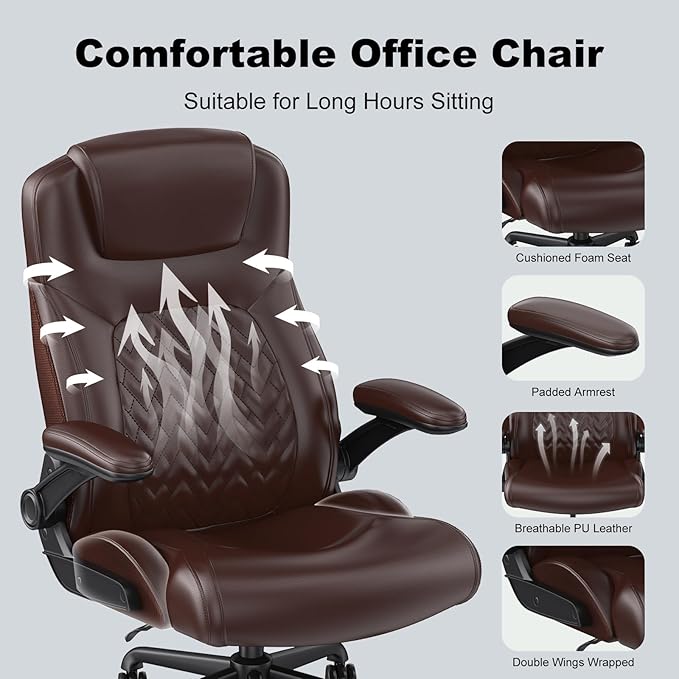 Ergonomic Executive Office Chair for Big & Tall - 500lbs Capacity with Lumbar Support & Flip-Up Armrests, Heavy Duty PU Leather Computer Desk Chair, Brown