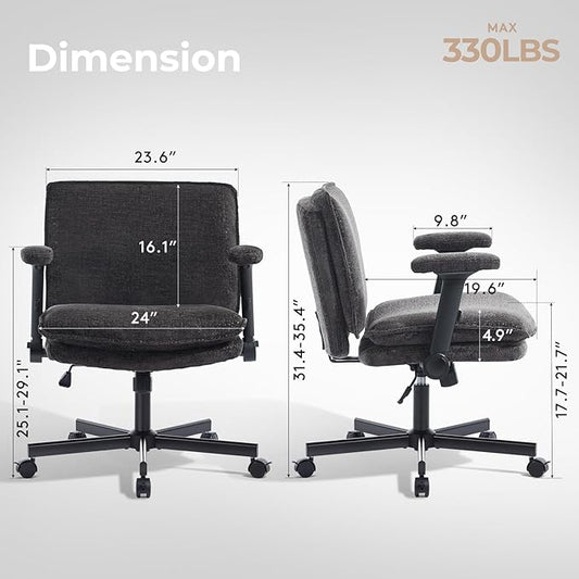 Criss Cross Chair with Flip-Up Arms and Lockable Wheels, Plush Fabric Cross Legged Office Desk Chair,Wider 125°Tilting Adjustable Swivel Computer Chair for Home, Apartment, Bedroom,Black