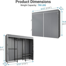VIPEK V5C Medium Covered Clothes Rack Heavy Duty Portable Closet Wardrobe, Freestanding Black Clothing Rack with Grey Upgarded Polyester Cover, Adjustable Custom Closet Rack, 57.9