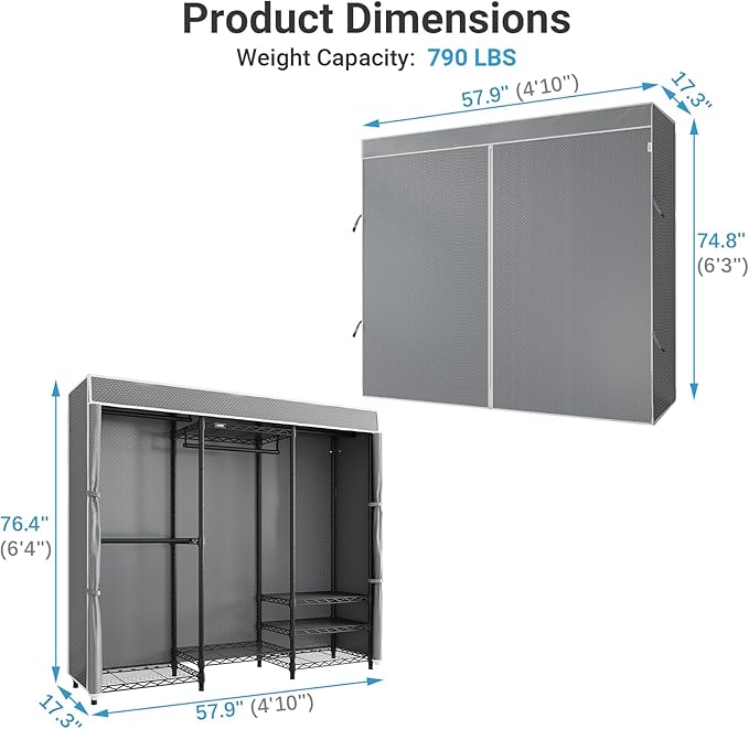 VIPEK V5C Medium Covered Clothes Rack Heavy Duty Portable Closet Wardrobe, Freestanding Black Clothing Rack with Grey Upgarded Polyester Cover, Adjustable Custom Closet Rack, 57.9" Lx17.3 Wx76.4 H