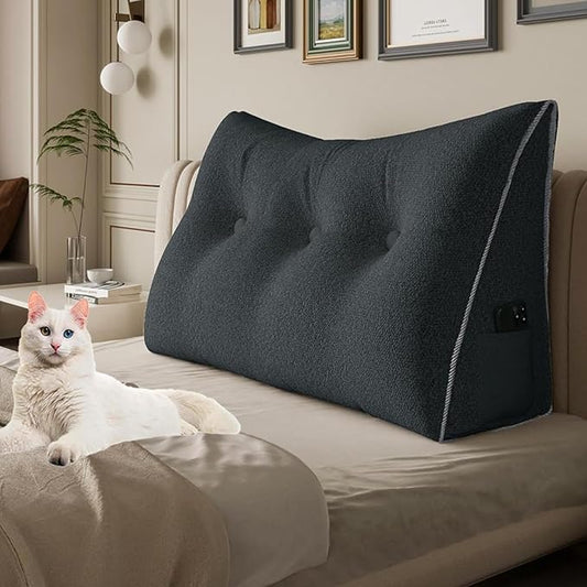 8 lbs Thickened Twin Wedge Pillow Headboard College Dorm Bed Velvet Wedge Pillow Backrest Triangular Headboard Pillows with Side Pocket, Dorm Bedding Essentials for Girls & Boys, Deep Grey