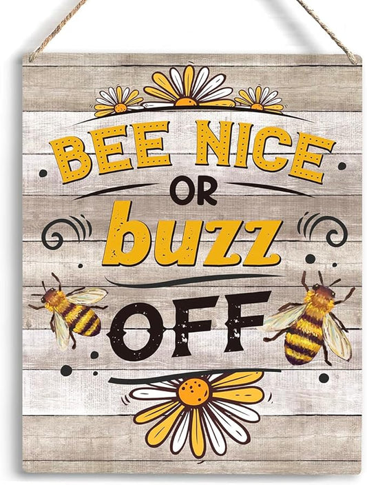 YCYD Bee Decor Bee Nice Or Buzz Off Wooden Hanging Sign, Rustic Farmhouse living room Decorations for Home Kitchen Wall Art Sign 10x8 Inches Inspirational Gift for Bee Farm Owners