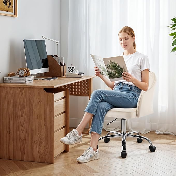 MOJAY Modern Vanity Chair with Wheels, Mid-Back Cutout Velvet Home Office Chair, Swivel Height-Adjustable Soft Seat Cute Desk Chair with Arm Support (Cream)