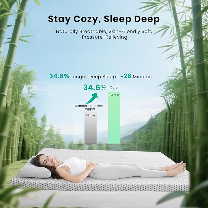 Bamboo Mattress Topper Twin Size 2 Inch, Cooling Gel & Bamboo Charcoal Memory Foam Mattress Topper for Back Pain Relief, Firm Dual-Layer Foam Bed Pad with Removable Cover College Dorm