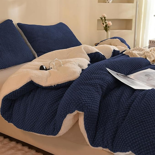 3D Jacquard Design Comforter Set, Ultra-Soft Warm Queen Size Sherpa Fur Plush 3-Pieces Sets Luxury Cozy Bedding with 2 Pillowcases (90"x90", Navy Blue)