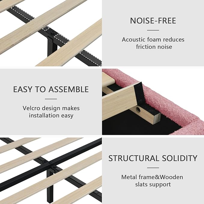 Twin Bed Frames,Breathable Boucle Fabric Upholstered Bed Frame Twin with Headboard,Removable and Washable,Wood Slat Support,No Box Spring Needed,Easy Assembly,Cama Individual,Pink
