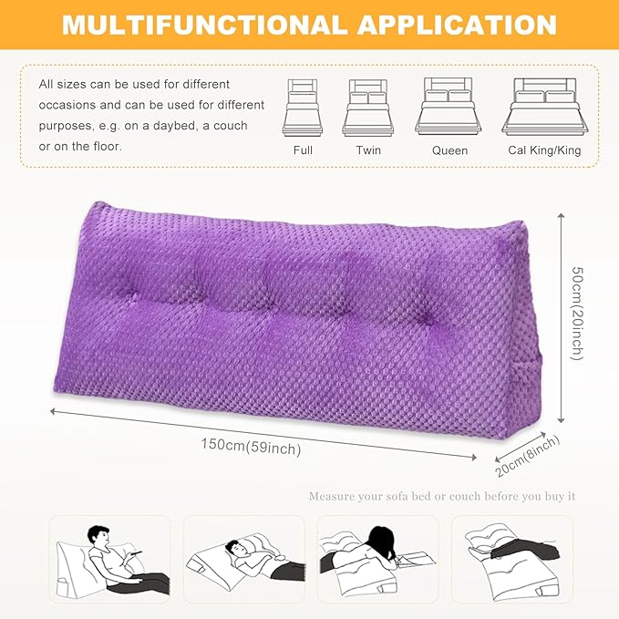 Large Triangular Headboard Wedge Pillow Soft and Supportive Headboard Backrest Positioning Support Bolster Cushion, Bed Wedge Pillow with Removable Cover(Purple,Queen,59x8x20inch)