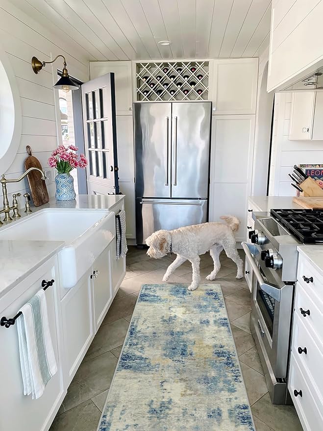 Lahome Modern Abstract Bathroom Runner Rug 2x8, Washable Entryway Rug Runners for Hallways Non Slip, Soft Non Skid Kitchen Carpet Runner for Living Laundry Bedroom RV, Blue