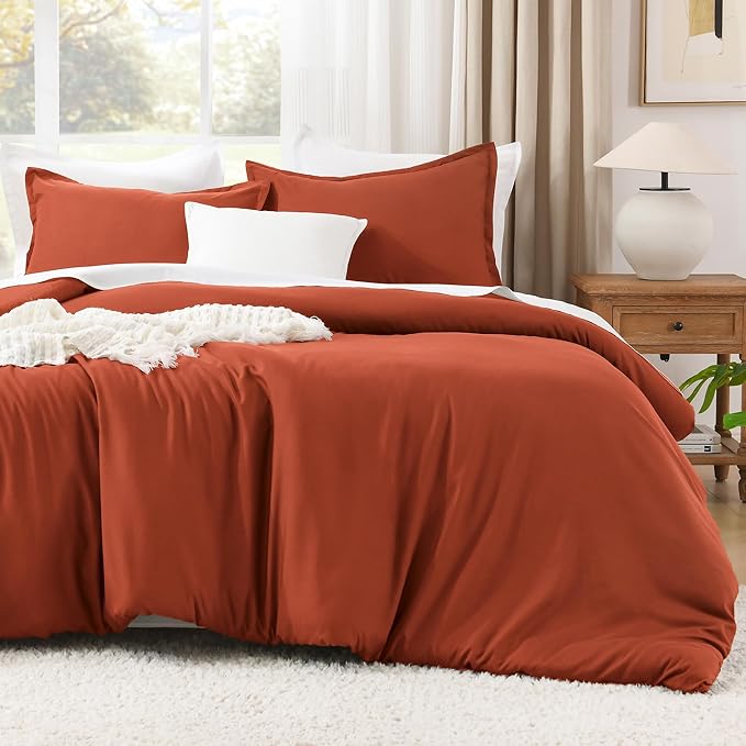 Litanika Comforter Set, Lightweight Solid Bedding Comforter Set, Fluffy Down Alternative Bed Set, Burnt Orange, Super King