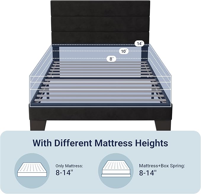 Allewie Twin Size Platform Bed Frame with Velvet Upholstered Headboard and Wooden Slats Support, Fully Upholstered Mattress Foundation/No Box Spring Needed/Easy Assembly, Black