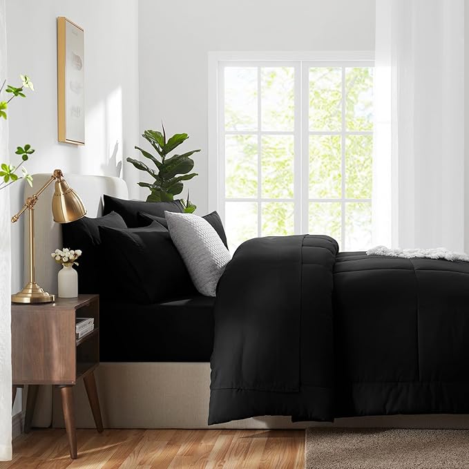 CozyLux Oversized Queen Comforter Sets Black, 7 Pieces Bed in a Bag, Ultra-Soft All Season Bedding Sets with Stitch Quilted Comforter, Flat Sheet, Fitted Sheet, Pillowcases, Black