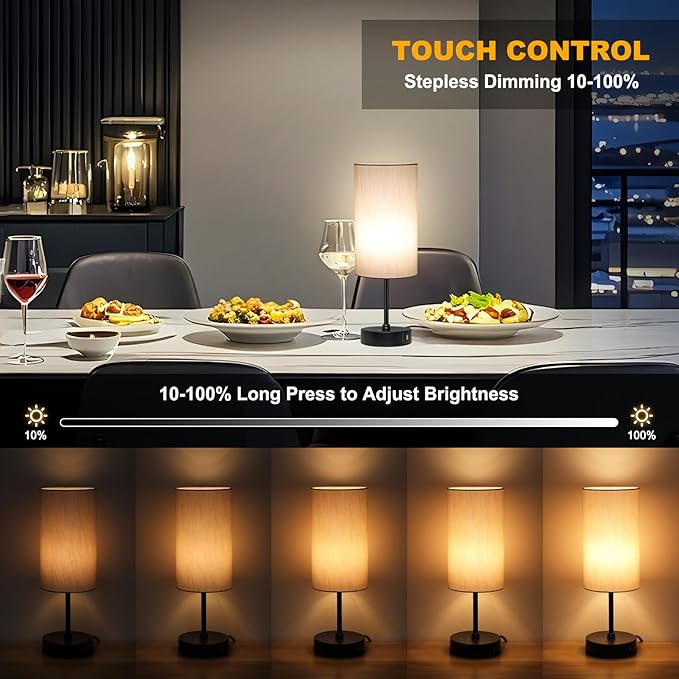 Unicozin Table Lamp for Bedroom, 3 Color Temperatures, 7 RGB Colors, Adjustable Brightness, Dual USB Charging Ports, Ambience Nightstand Light with Grey Shade, Desk Lamp for Kids Reading Home Office