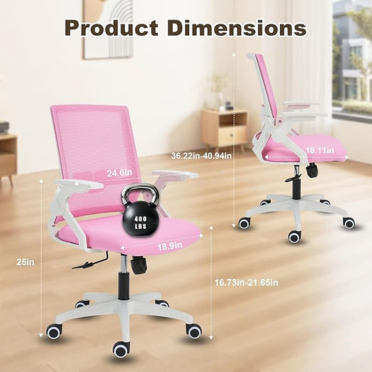 Ergonomic Office Chair Desk Chair with Adjustable Height Mesh Computer Chair Swivel Chair with Flip-up Arms and Lumbar Support Pink