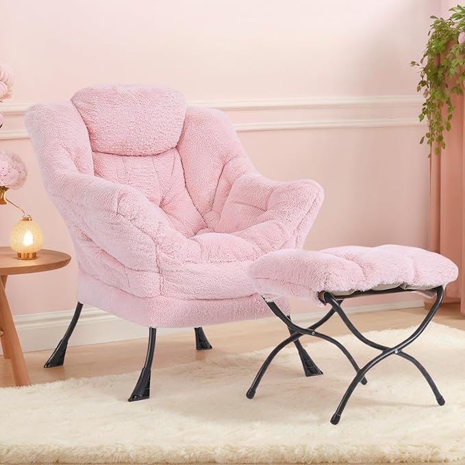 Tiita Lazy Chair with Ottoman, Modern Large Accent Lounge Armchair, Comfy Leisure Sofa Reading Chair with Footrest for Bedroom, Living Room, Dorm Rooms, Garden and Courtyard, Plush Pink