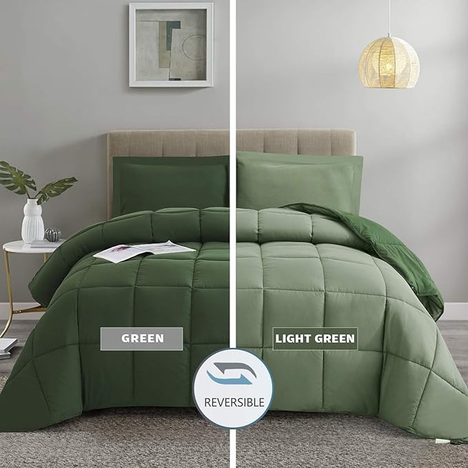 HIG 3 Pieces Green California King Comforter Set, Modern Breathable Box Stitched Duvet Insert Bedding Comforter, Soft Fluffy All Season Reversible Comforter Set Blanket with Corner Tabs for Bedroom
