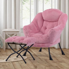 HollyHOME Lazy Chair with Foldable Ottoman, Accent Comfy Lounge Armchair and Folding Footrest Stool, Leisure Sofa Reading Chair and Footstool for Living Room, Bedroom, Dorm,Faux Fur Pink