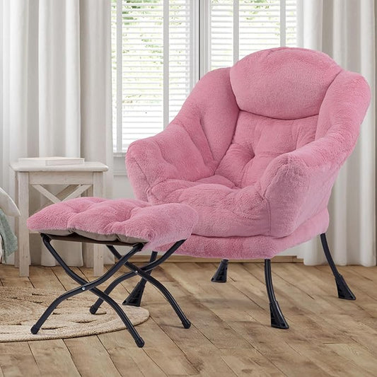 HollyHOME Lazy Chair with Foldable Ottoman, Accent Comfy Lounge Armchair and Folding Footrest Stool, Leisure Sofa Reading Chair and Footstool for Living Room, Bedroom, Dorm,Faux Fur Pink