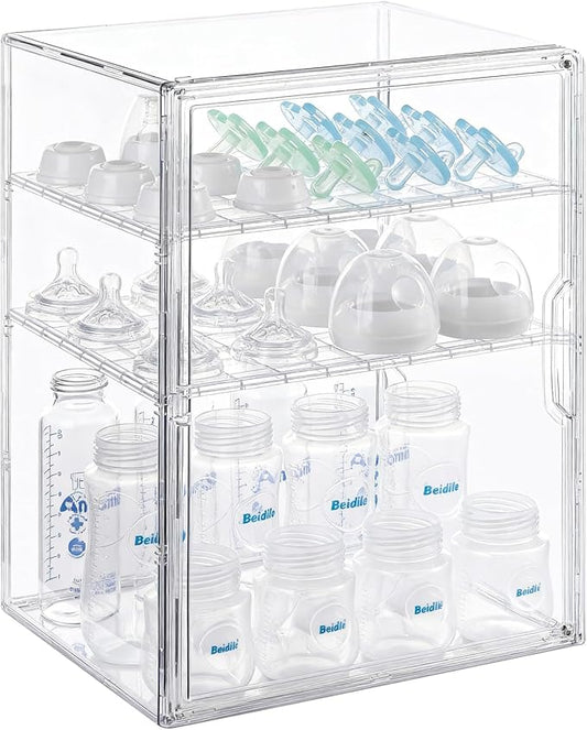 Baby Bottle Organizer – 3-Tier Bottle Storage Organizer Baby for Bottles, Nipples, Pump Parts, Food Jars – Clear Nursery Cabinet for Countertop and Kitchen