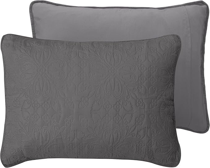 Easy-Going King Size Reversible Quilt Set with 1 Quilt and 2 Pillow Shams, Soft Bed Quilt Cover, Water Resistant Lightweight Microfiber Bedspread, Stain Resistant, Damask-Gray/Light Gray