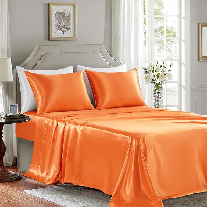 Satin Sheets King Size - 4 Pieces Luxury Silky Soft Bed Sheets, Wrinkle-Free Burnt Orange Satin Silk Sheet Set with 1 Deep Pocket Fitted Sheet, 1 Flat Sheet, 2 Pillow Cases