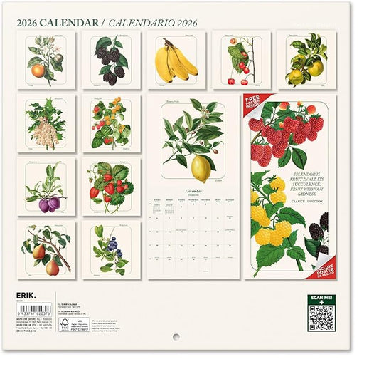 Botanical Wall Calendar 2026 12" x 12" FSC® Plastic Free - Starts Week On Sunday | Family Planner Fruits Calendar 2026