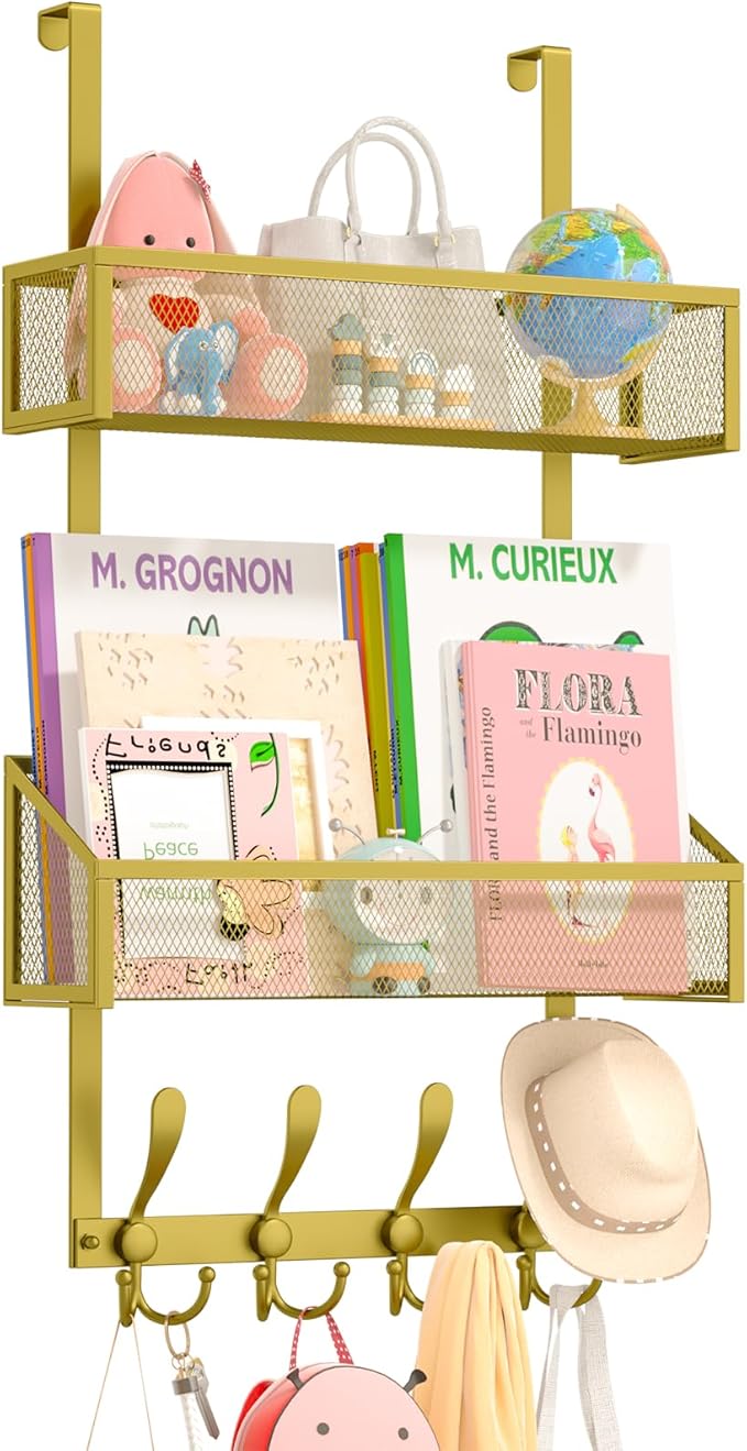 Over The Door Hooks Organizer, Coat Rack Over The Door Storage Hanger Towel Rack, Back of Storage Organizer for Bathroom,Bedroom,Kitchen,Office(Gold 3-Tier)