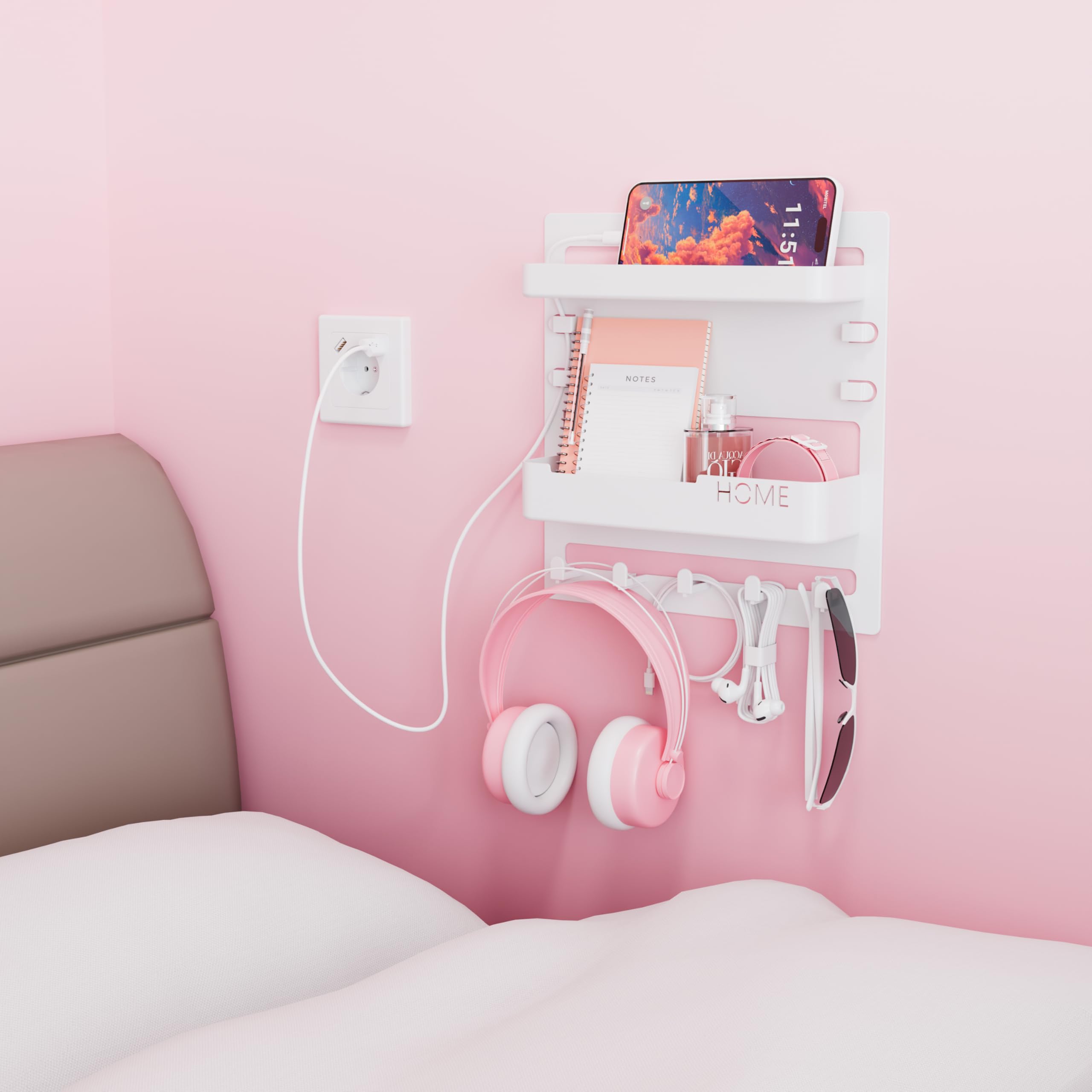 Yieach Bedside Shelf for Dorm Bed,Rv,Small Room and Nightstand,Wall Mounted Floating Shelves and Bedside Wall Organizer for Remote,Phone Holder,Charging Shelf,Cute Bedroom Decor for College Girl,Black