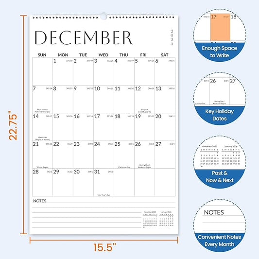 SUNEE Wall Calendar 2026 Large 22.75"x15.5", 21 Month from October 2025 to June 2027, Vertical Extra Large Monthly Calendar 2026 for Wall, White