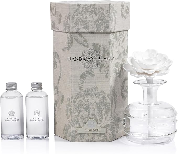 Zodax Grand Casablanca Reed Diffuser - Home Fragrance Oil Diffuser Ideal for Living Room, Bathroom, Office - Porcelain Flower Design - Gift Box Packaging Included - White Rose - 6.76 Oz.