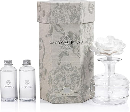 Zodax Grand Casablanca Reed Diffuser - Home Fragrance Oil Diffuser Ideal for Living Room, Bathroom, Office - Porcelain Flower Design - Gift Box Packaging Included - White Rose - 6.76 Oz.