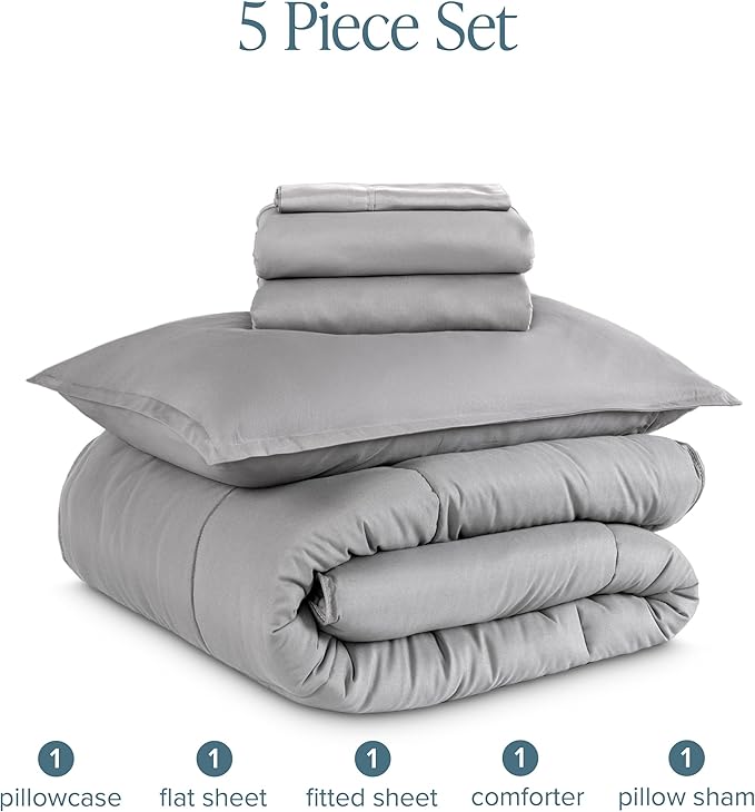 Bare Home Bed-in-A-Bag 5 Piece Comforter & Sheet Set - Twin - Goose Down Alternative - Ultra-Soft 1800 Premium Bed Set (Twin, Light Grey/Light Grey)