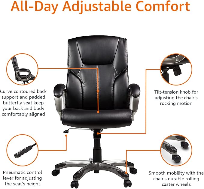 Amazon Basics Executive High Back Office Desk Chair, Adjustable Height, Tilt, Swivel, one Size, Black/Silver