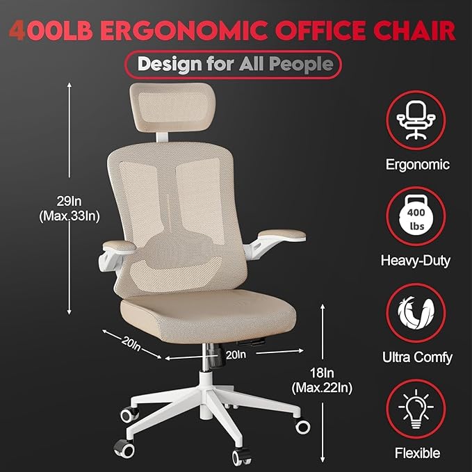 Ergonomic Office Chair - 400LB Comfy Desk Chairs with Adjustable Headrest and Lumbar Back Support, Mesh Computer Chairs with Wheels and Arms for Home Office, Study (669khaki-With Headrest)