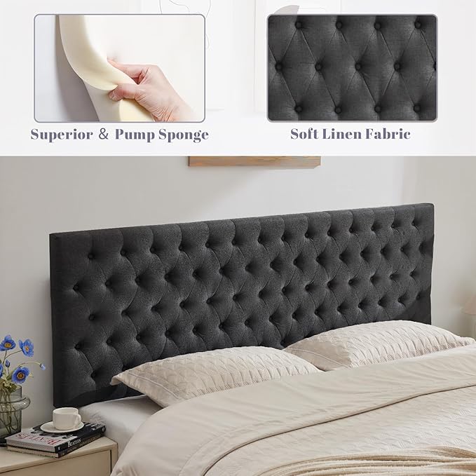 Kingfun Upholstered Queen Headboard Only, Premium Linen Button Tufted Headboards, Adjustable Solid Wood Head Board, Padded Headboard with Solid Wood Legs in Bedroom (Dark Gray)