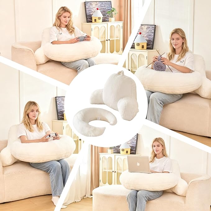 Reading Pillow for Bed,U Shaped & Back Support Pillow for Bed,17" Backrest with Lumbar & Arm Support,Luxurious Faux Rabbit Fur,Gaming PillowFor Crochet/Reading/Watching TV,White