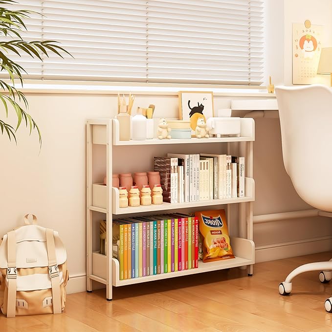 Wide Open Shelf Bookcase - Modern 3-Tier Floor Standing Display Bookshelf with Top Edge and Metal Frame for Home and Office, Storage Shelving, Warm White
