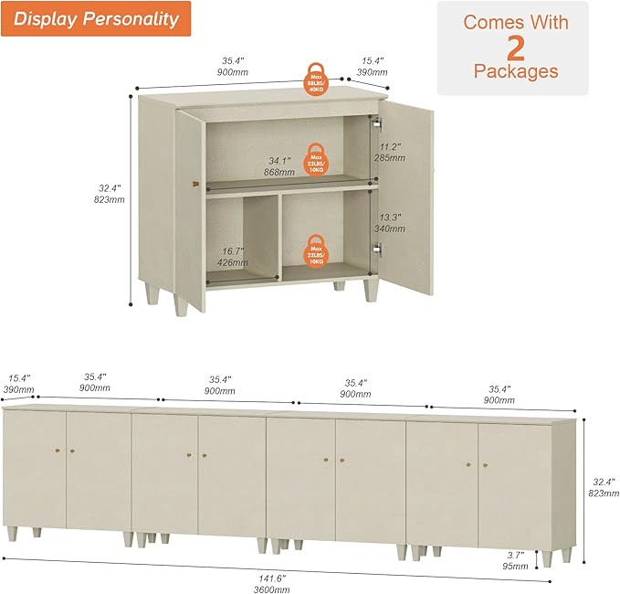 WAMPAT Storage Cabinets with Doors, Set of 4 Wood Sideboards Extra Wide Buffet Storage Cabinets, Accent Cabinets with 12 Compartments Shelf for Living Room, Dining Room, Kitchen, 2 Packs, Dark Beige