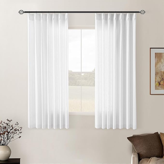 White Short Linen Curtains 45 Inch Length 2 Panel Set for Small Windows Rustic Country Linen Cotton Light Filtering Drapes Privacy Pinch Pleated Back Tab Semi Sheer Kitchen Curtains 45 Inches Long